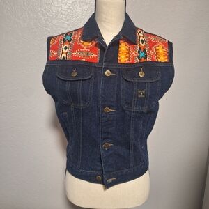 New Complices Denim Vest with Vibrant Ethnic Aztec Yoke Fabric XS